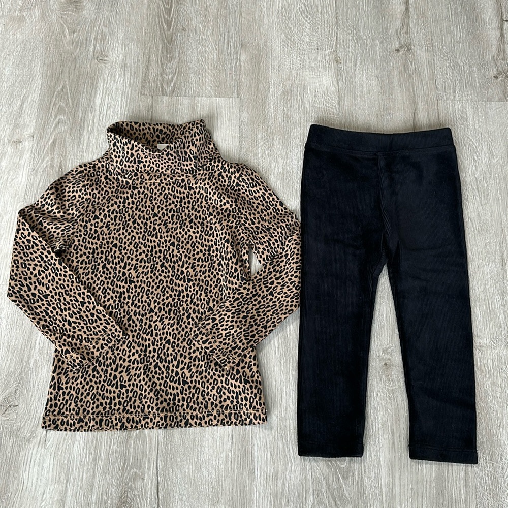 NWT Crewcuts Toddler Girl Outfit Leopard Print Top w/ Black Corduroy Pants 2-3Y